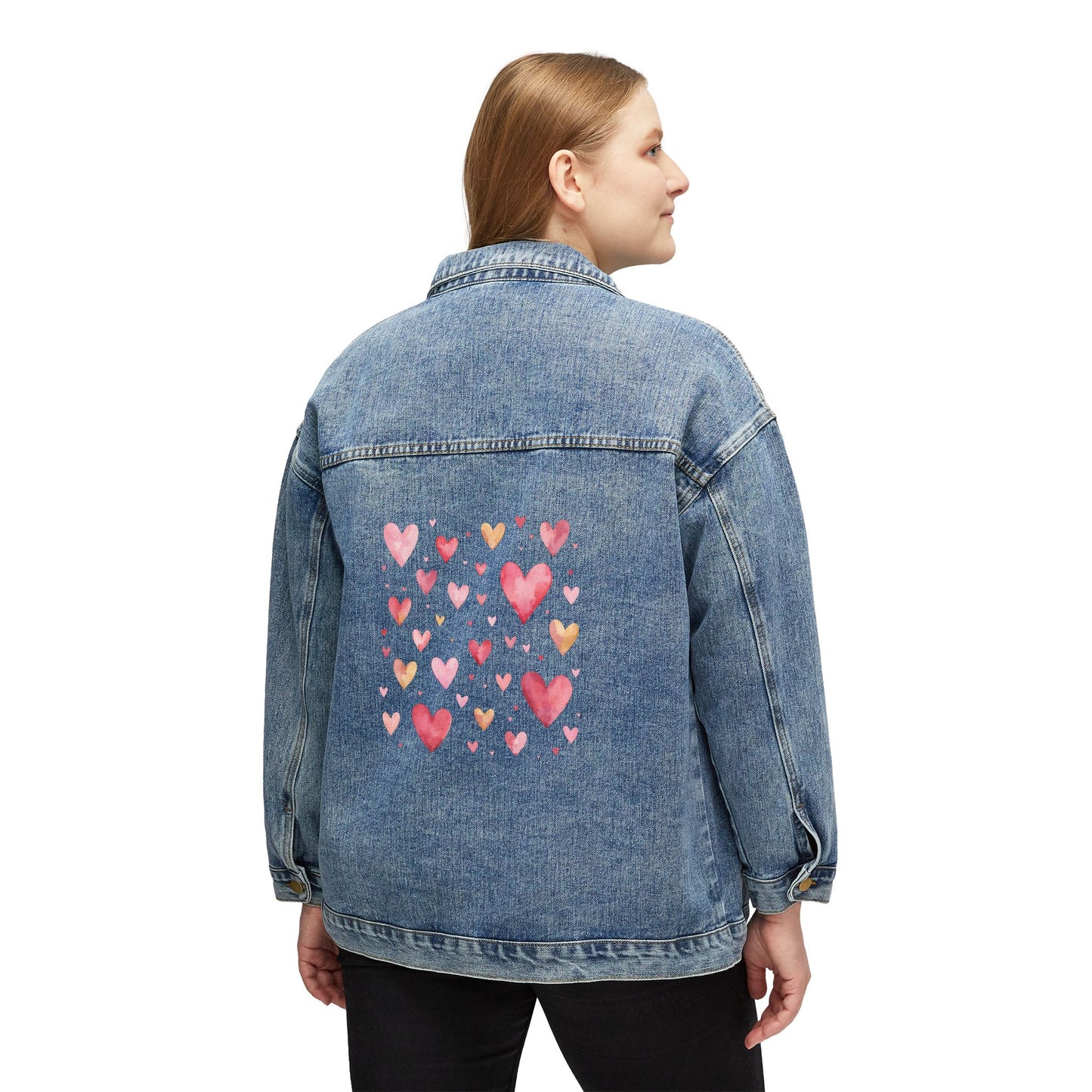 Denim Jacket — Watercolor Heart Back Print, Women's Casual Valentine Jacket