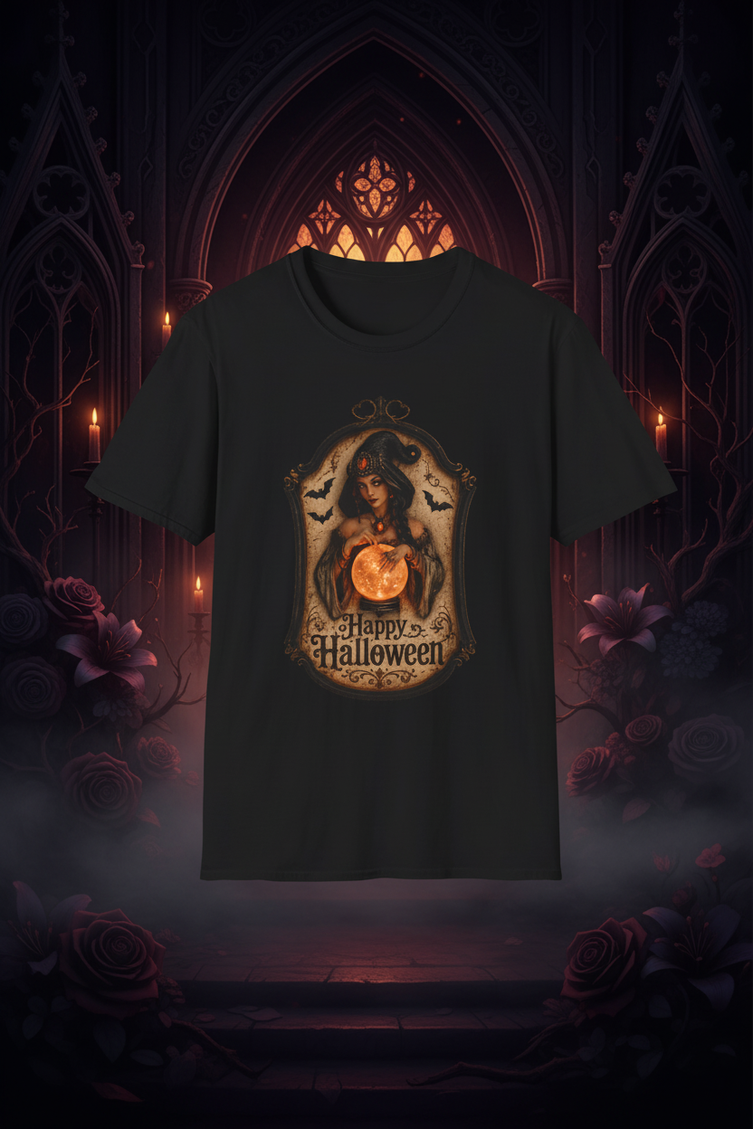 Vintage Witch Halloween T-Shirt — Pumpkin & Bats Graphic Tee