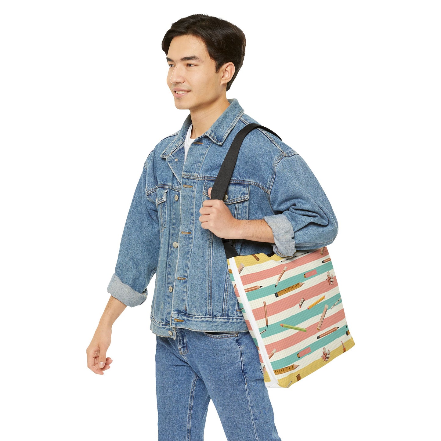 Stationery Stripes Adjustable Tote Bag — Pencil & Eraser Pattern