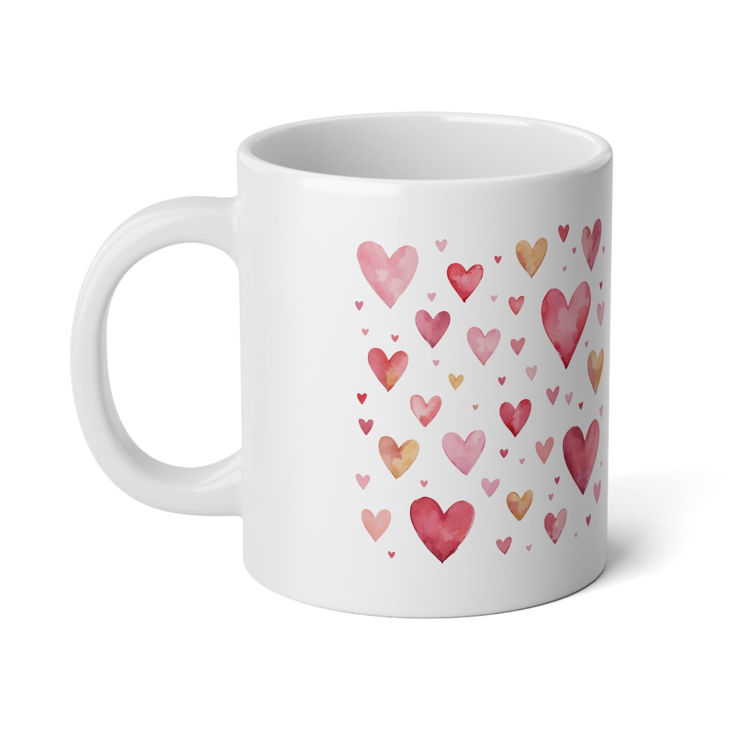 20oz Jumbo Mug - Watercolor Pink & Gold Hearts Pattern, Romantic Valentine’s Coffee Mug