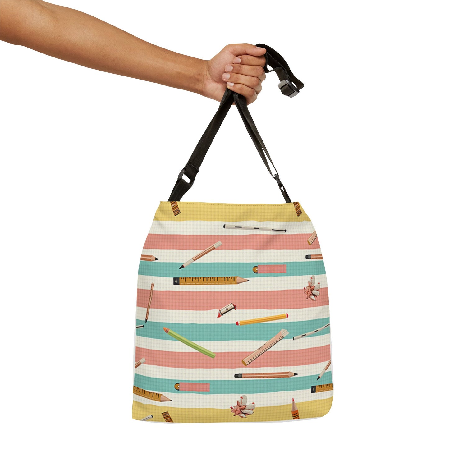 Stationery Stripes Adjustable Tote Bag — Pencil & Eraser Pattern