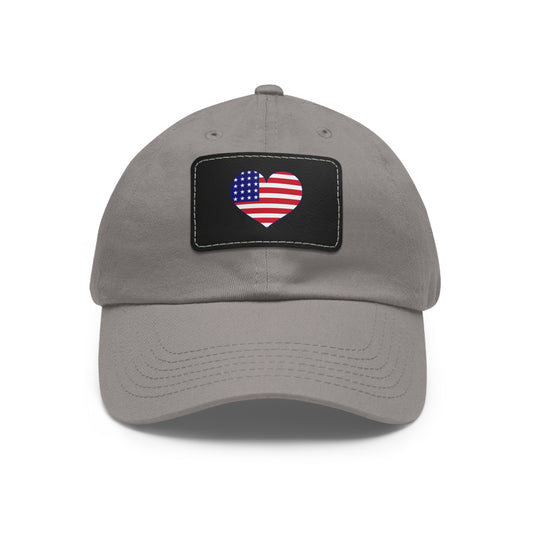Dad Hat — Leather Patch Heart Flag (American Flag Heart Baseball Cap)