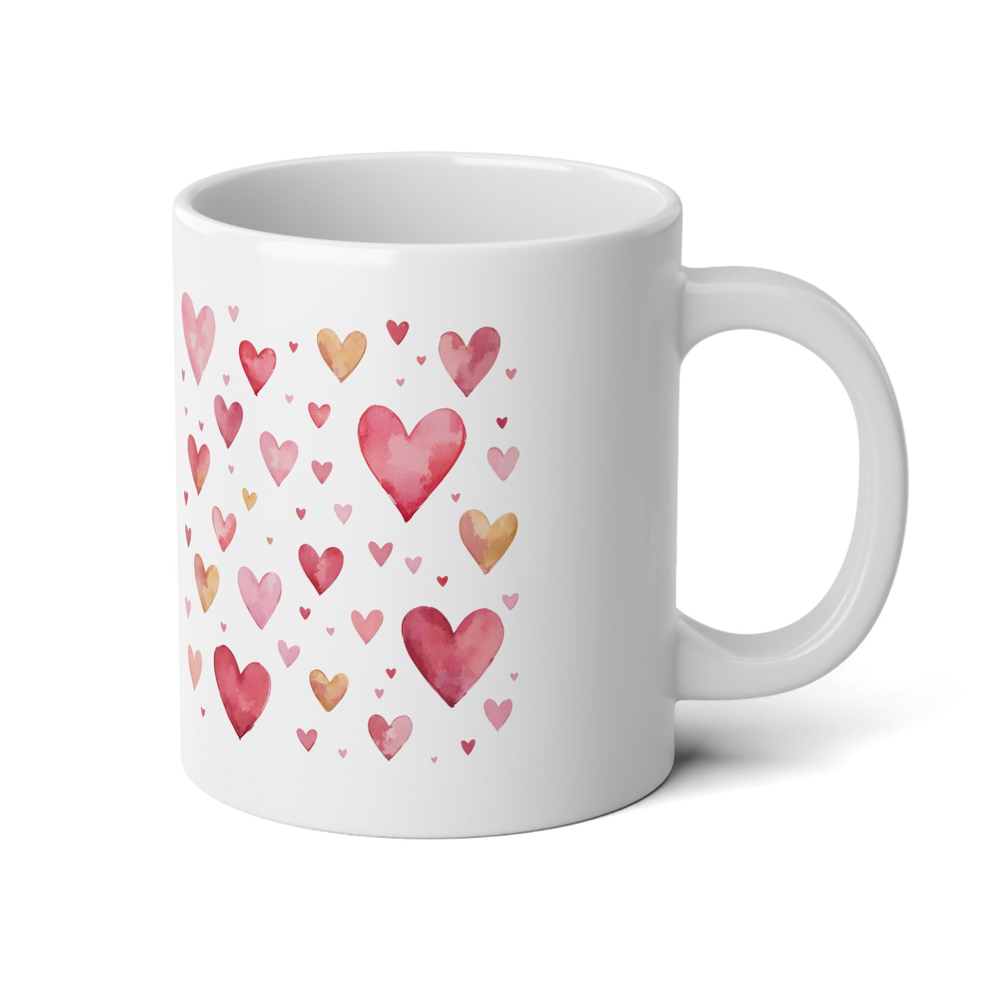 20oz Jumbo Mug - Watercolor Pink & Gold Hearts Pattern, Romantic Valentine’s Coffee Mug