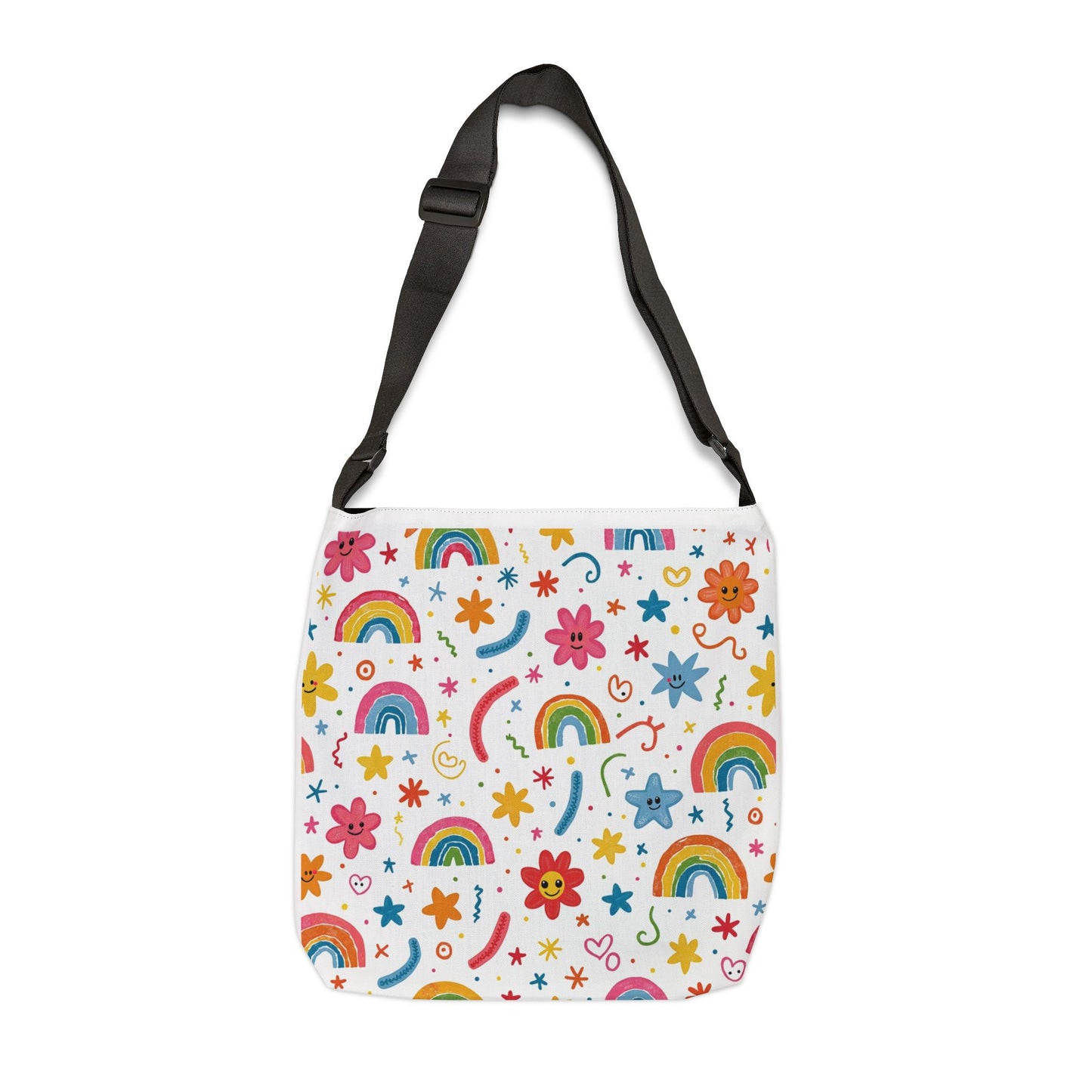 Rainbow Floral Tote Bag — Cute Adjustable Shoulder Bag with Rainbows & Flowers