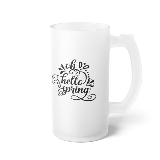 Frosted Glass Beer Mug — Elegant Script “Hello Spring” Pint