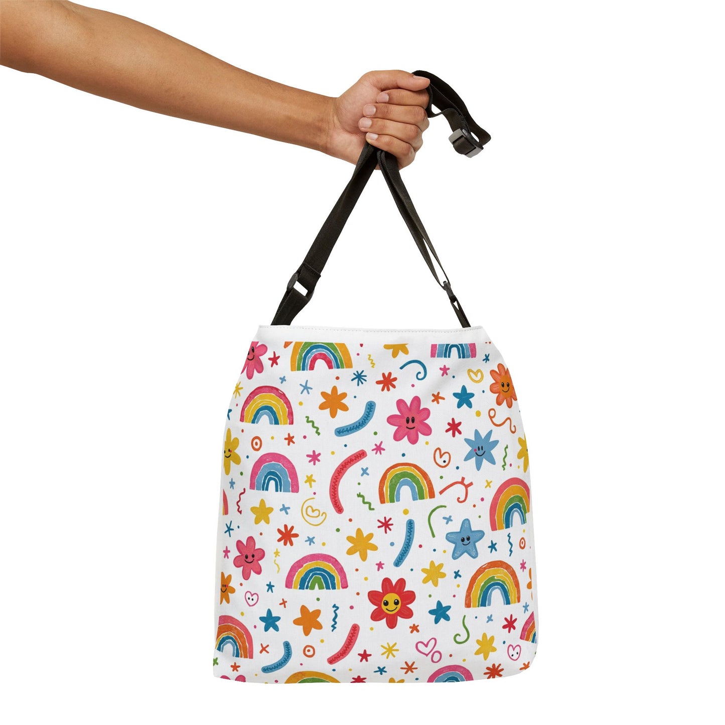 Rainbow Floral Tote Bag — Cute Adjustable Shoulder Bag with Rainbows & Flowers