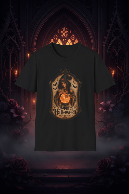 Vintage Witch Halloween T-Shirt — Pumpkin & Bats Graphic Tee