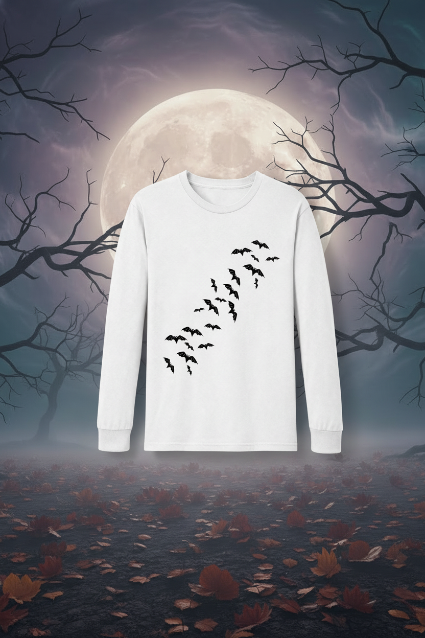 Haunted House Halloween Long Sleeve T-Shirt – Spooky Bats & Mansion Design