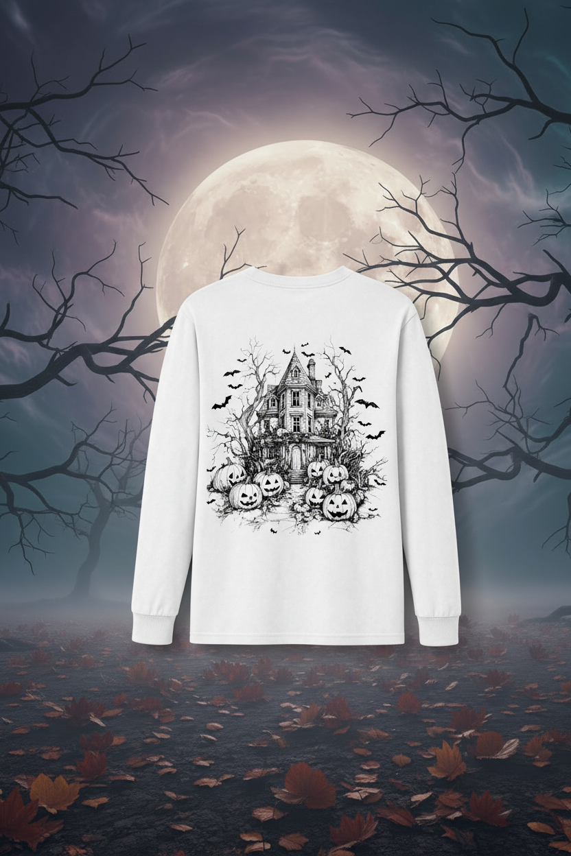 Haunted House Halloween Long Sleeve T-Shirt – Spooky Bats & Mansion Design