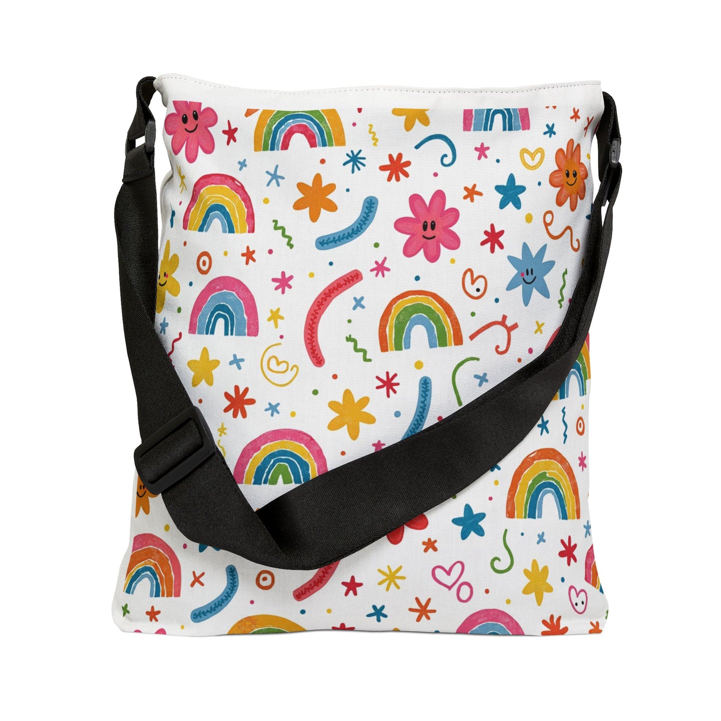 Rainbow Floral Tote Bag — Cute Adjustable Shoulder Bag with Rainbows & Flowers