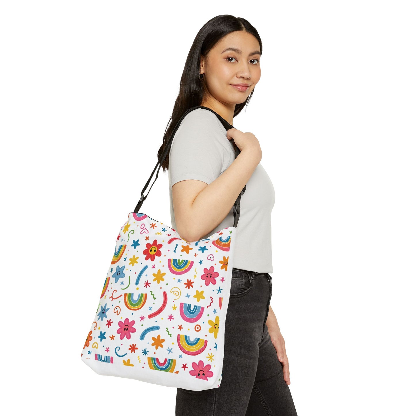 Rainbow Floral Tote Bag — Cute Adjustable Shoulder Bag with Rainbows & Flowers