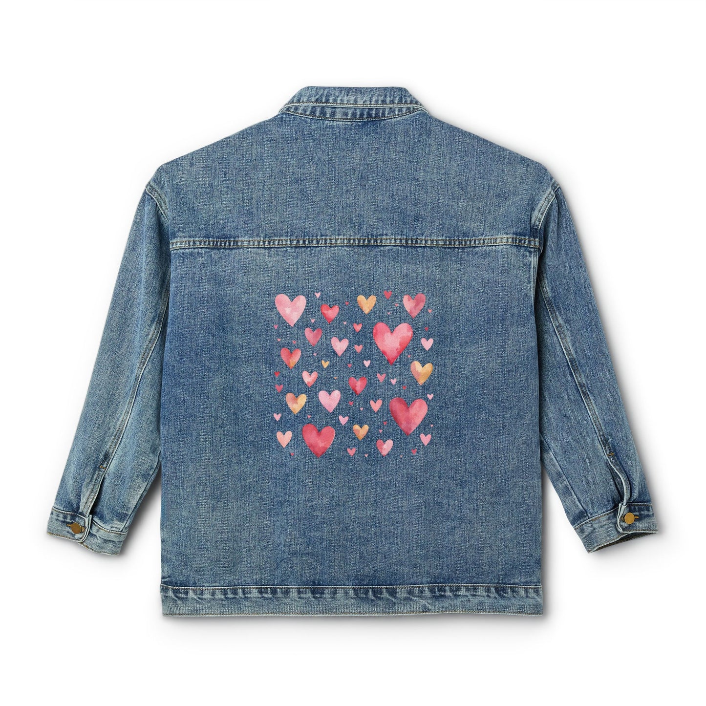 Denim Jacket — Watercolor Heart Back Print, Women's Casual Valentine Jacket
