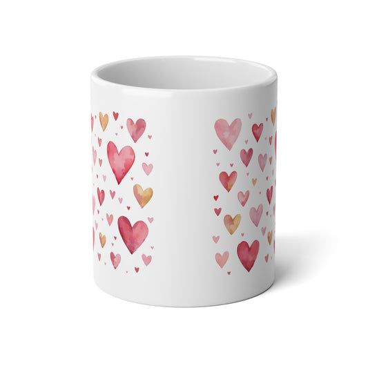 20oz Jumbo Mug - Watercolor Pink & Gold Hearts Pattern, Romantic Valentine’s Coffee Mug