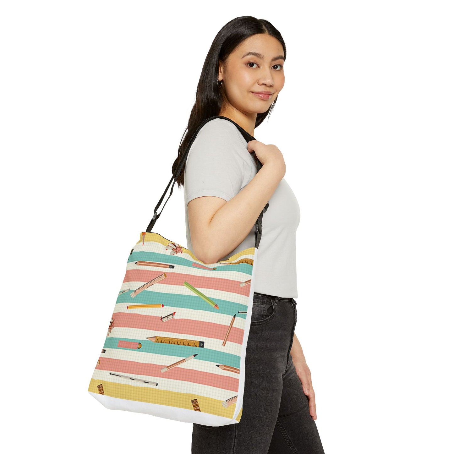 Stationery Stripes Adjustable Tote Bag — Pencil & Eraser Pattern