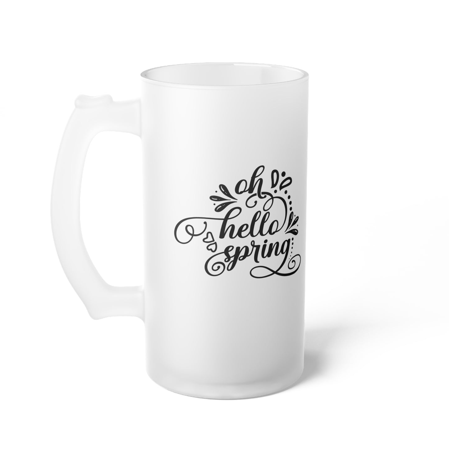 Frosted Glass Beer Mug — Elegant Script “Hello Spring” Pint