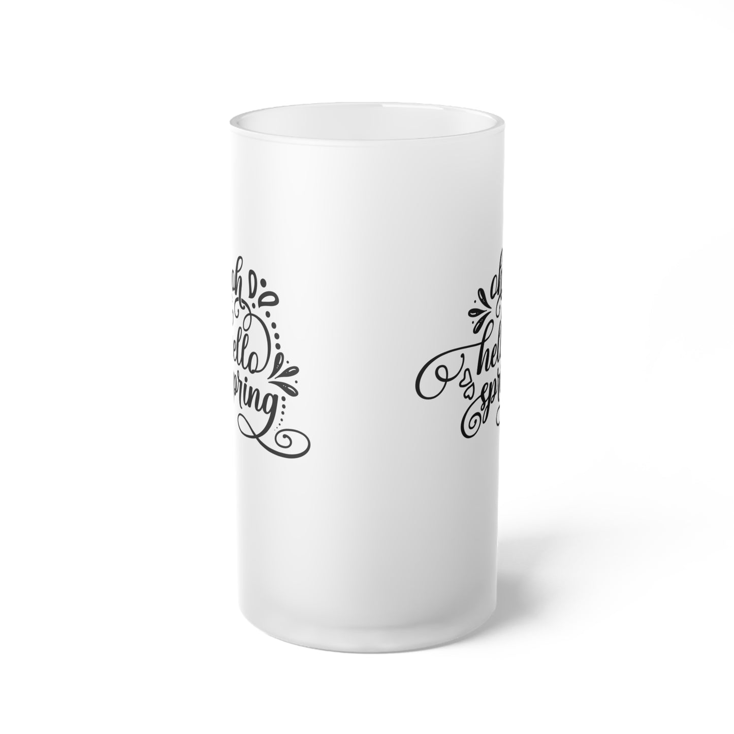 Frosted Glass Beer Mug — Elegant Script “Hello Spring” Pint