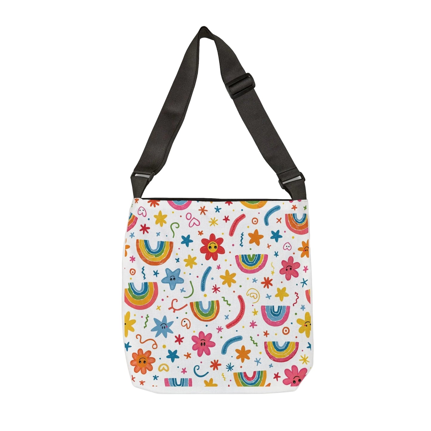 Rainbow Floral Tote Bag — Cute Adjustable Shoulder Bag with Rainbows & Flowers